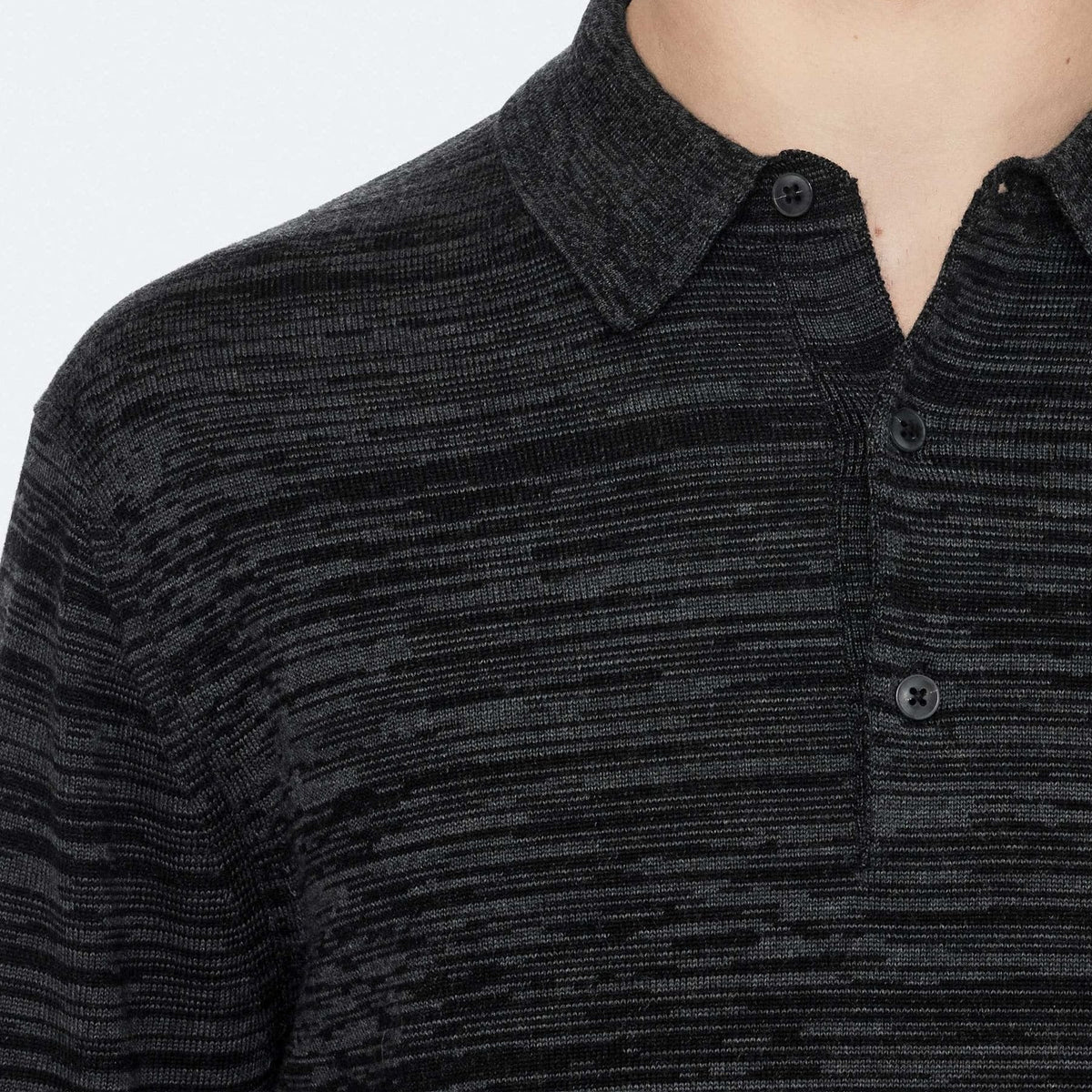Men's Black and Grey Horizontal Stripe Knit Long Sleeve Polo Shirt