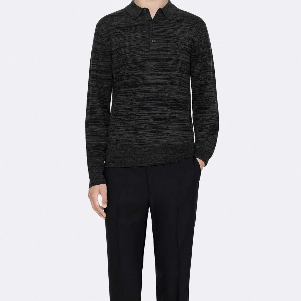 Men's Black and Grey Horizontal Stripe Knit Long Sleeve Polo Shirt