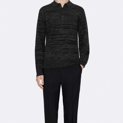 Men's Black and Grey Horizontal Stripe Knit Long Sleeve Polo Shirt