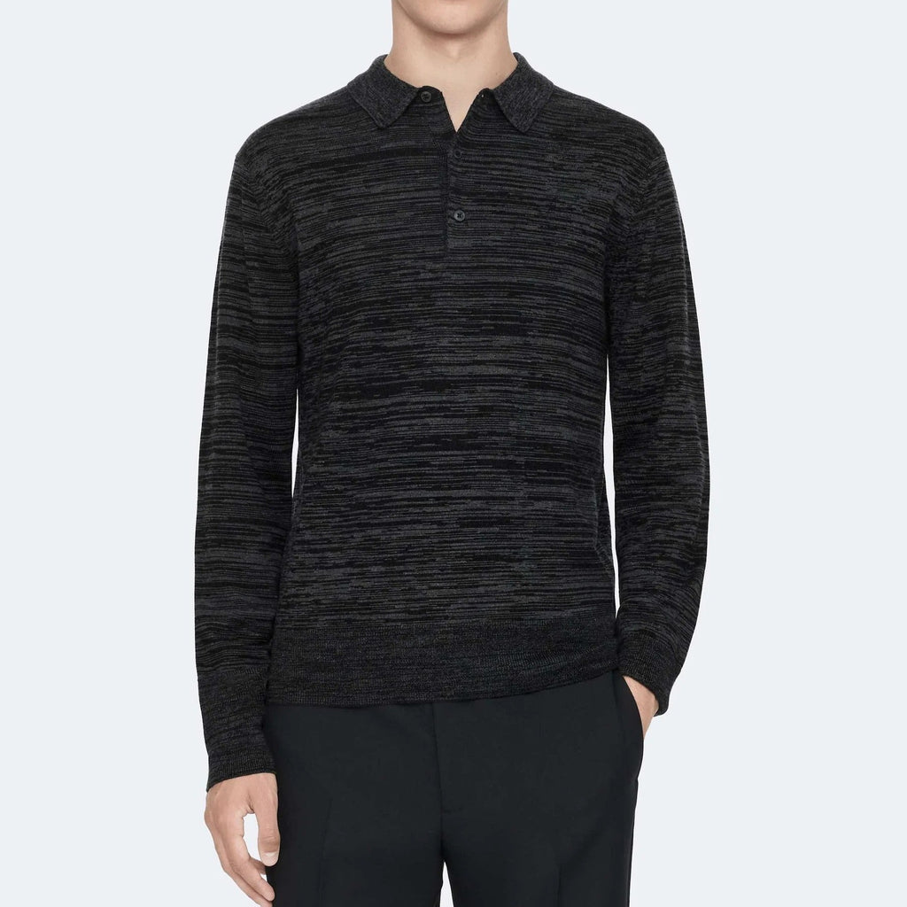 Men's Black and Grey Horizontal Stripe Knit Long Sleeve Polo Shirt