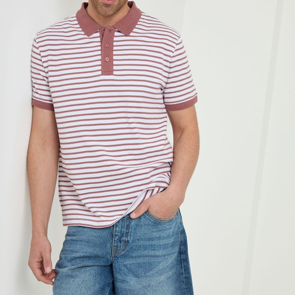 Men's Dusty Red Striped Short Sleeve Polo Shirt