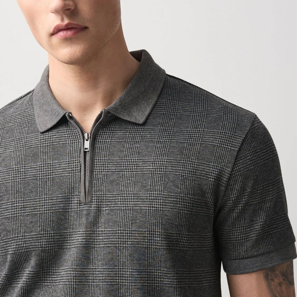 Men's Grey Plaid Short Sleeve Half Zip Polo Shirt