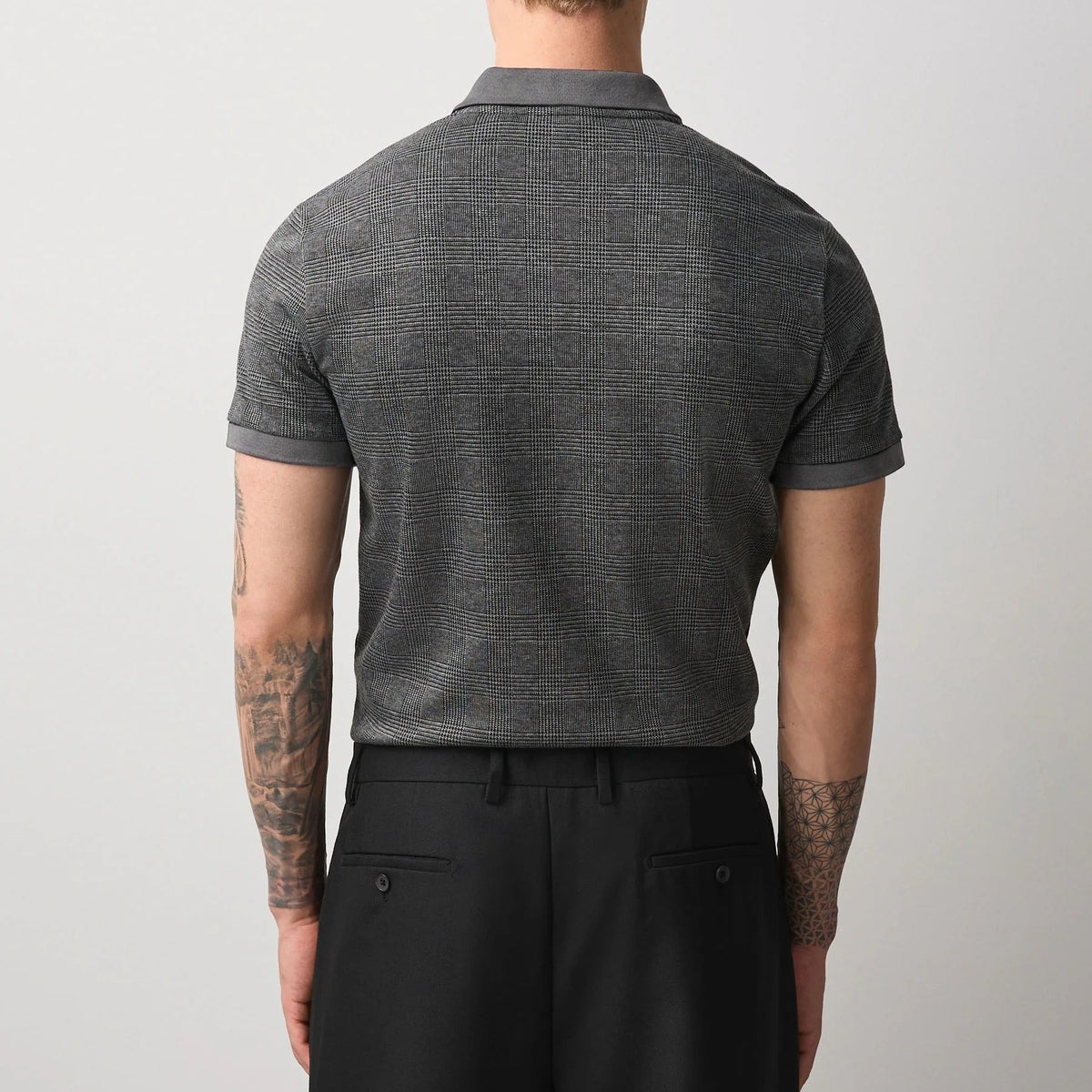 Men's Grey Plaid Short Sleeve Half Zip Polo Shirt