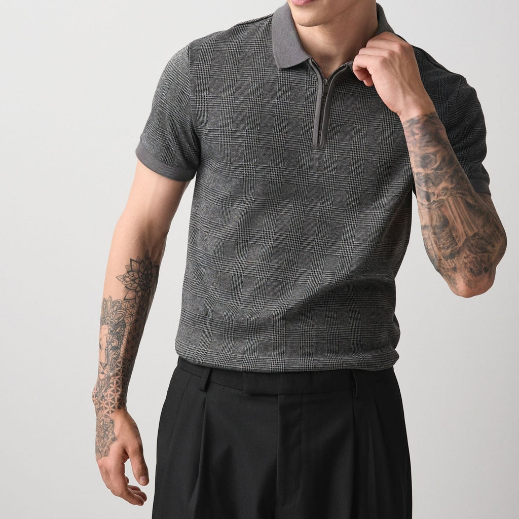Men's Grey Plaid Short Sleeve Half Zip Polo Shirt